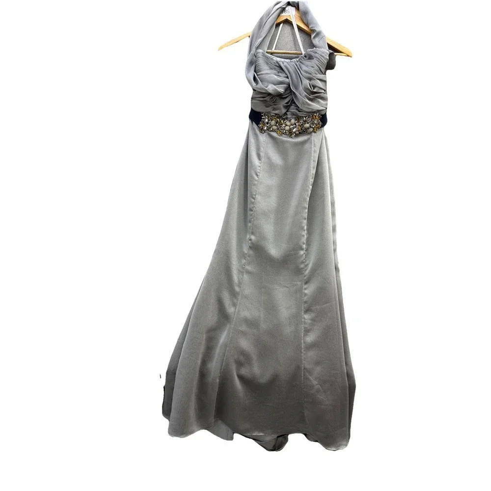 Silver Beaded Gown Sz‎ 6 Y2K Ruched Bodice Evening Dress Formal Glam - Picture 2 of 16